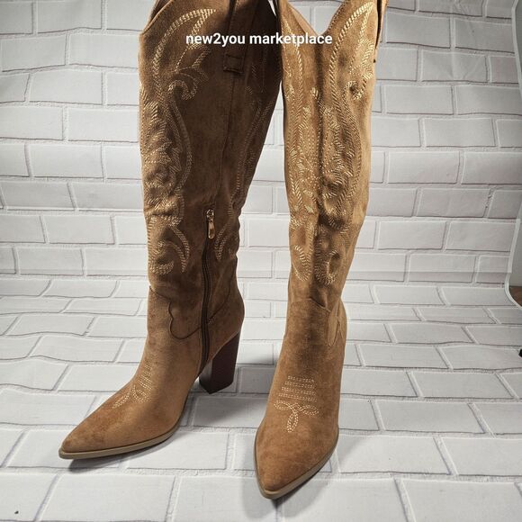 Women's Faux Suede Embroidered Knee High Cowboy Boots Size 8 Light Brown - New* - Picture 9 of 16